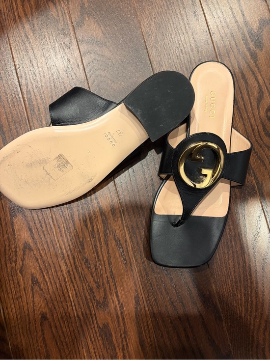 Gucci Shoes - Gucci Black Leather Thong Sandals with Gold GG Medallion